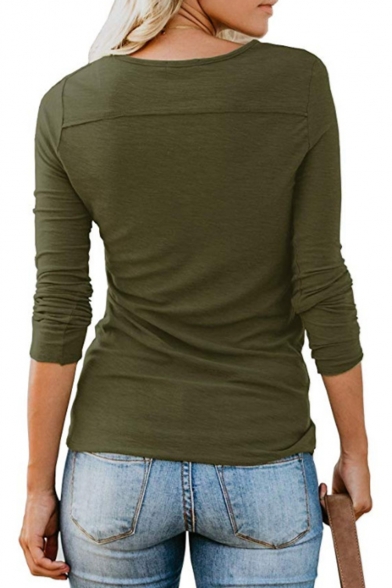 Womens Popular V-Neck Buttons Patched Long Sleeve Simple Plain Casual T-Shirt