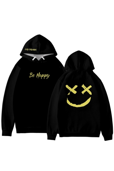 American Rapper Smile Face Letter BE HAPPY Colorblock Two-Tone Relaxed Fit Unisex Hoodie