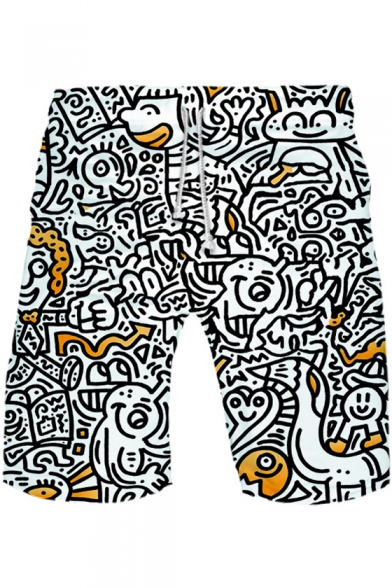Comic Funny Face Graffiti Drawstring Waist Loose Casual White Athletic Shorts