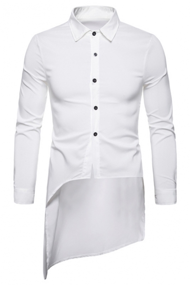 Basic Simple Plain Summer Trendy Slant Cut Bottom Swallow-Tailed Slim Long Shirt for Men