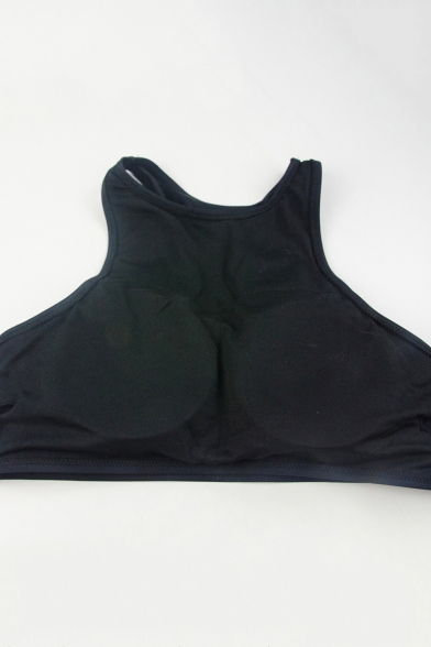 Black Round Neck Sleeveless Striped Printed Tank Top High Waist Bottom Swimwear