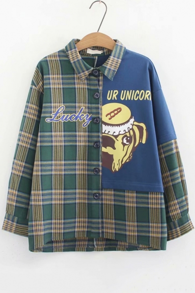 Cartoon Dog Plaid Letter LUCKY Printed Colorblocked Long Sleeve Green Casual Shirt