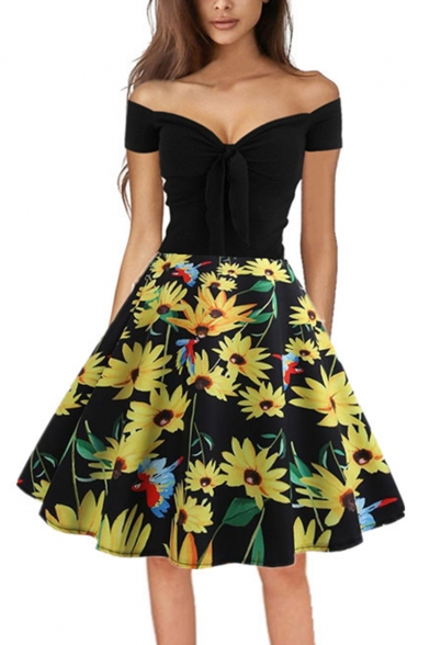 Color Block Floral Printed Off the Shoulder Bow-Tied Front Midi Flare Dress