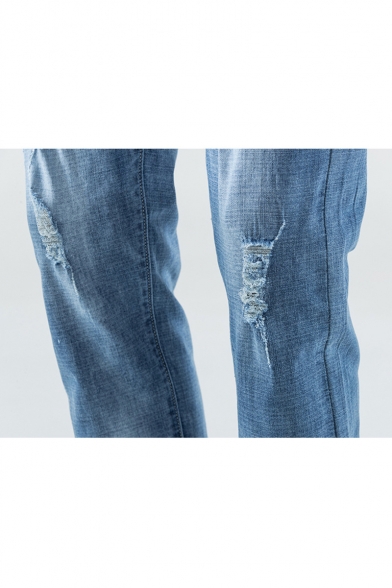 Cool Light Blue Drawstring-Waist Elastic Cuff Stretch Slim Fit Guys Ripped Jeans