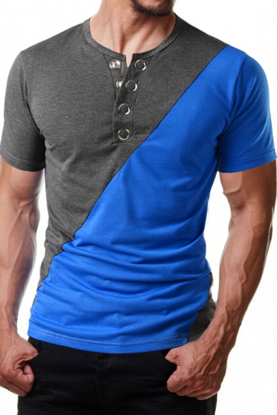 Cool Metal Buttons Front Colorblocked Short Sleeve Mens Sport T-Shirt