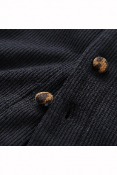 Fashion Leopard Lapel Collar Short Sleeve Button Front Black Cropped T-Shirt
