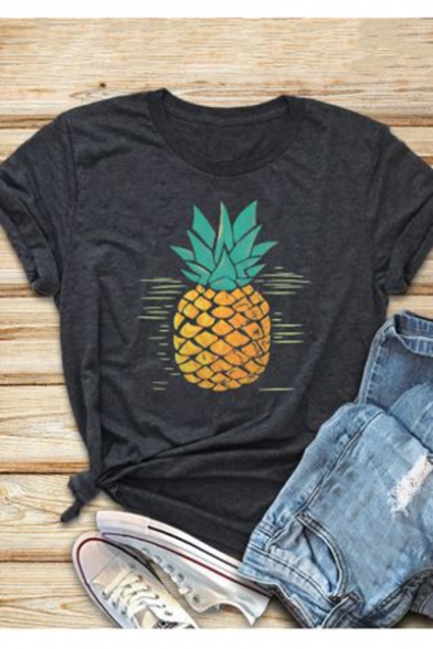 Fashion Pineapple Pattern Round Neck Short Sleeve Dark Grey T-Shirt