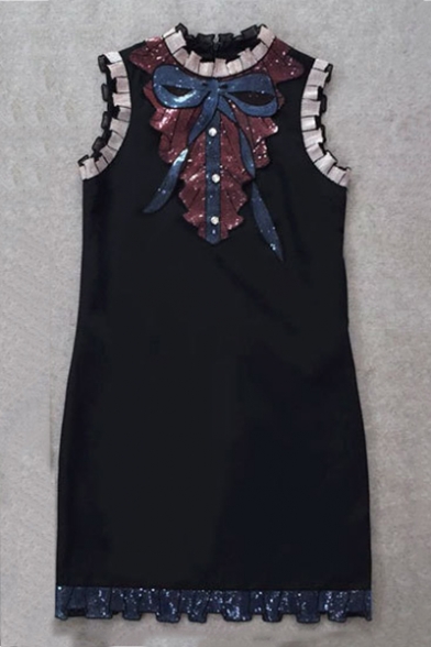 Fashion Sequin Embroidered Sleeveless Bow Buttons Patched Mini Sheath Dress