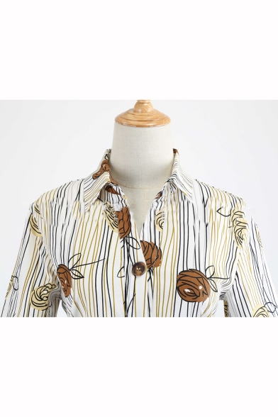 Fashion Striped Floral Print Lapel Single Breasted Three-Quarter Sleeve Bow Tied Back Cotton Midi Shirt Dress