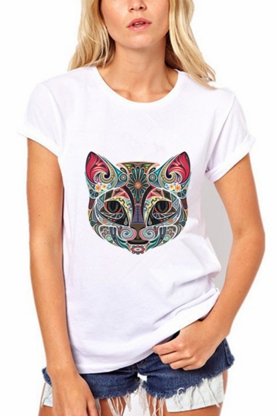 Fashionable Cat Tribal Printed Short Sleeve Round Neck Leisure White T-Shirt