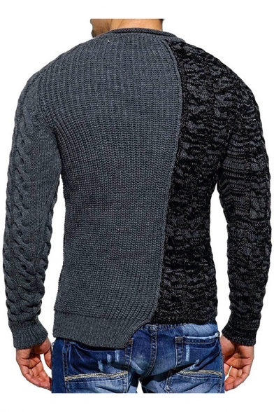 Fashionable Mens Crew Neck Long Sleeve Asymmetrical Hem Grey and Black Fitted Pullover Sweater