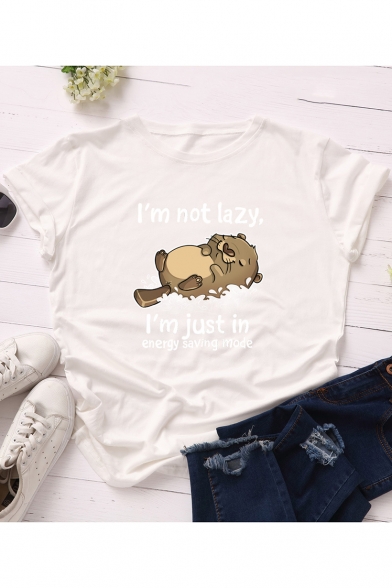 Funny Cute Animal Letter Printed Short Sleeve Round Neck Summer Cotton Tee