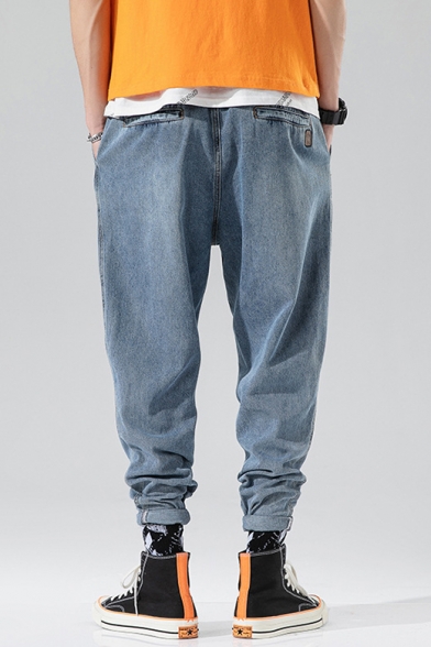 Guys Hip Hop Style Fashion Retro Wash Drawstring Waist Light Blue Loose Casual Harem Jeans