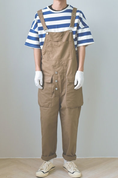 Guys Stylish Solid Color Large Flap Pocket Front Workwear Loose Casual Painters Overalls