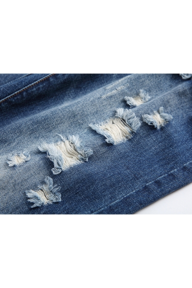Guys Summer Vintage Distressed Ripped Straight Fit Blue Jeans