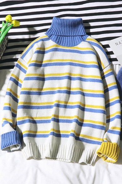 Guys Trendy Color Block Striped High Neck Long Sleeve White Pullover Sweater