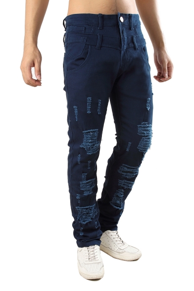 Men Hip Hop Style Fashion Patchwork Royal Blue Casual Distressed Ripped Jeans
