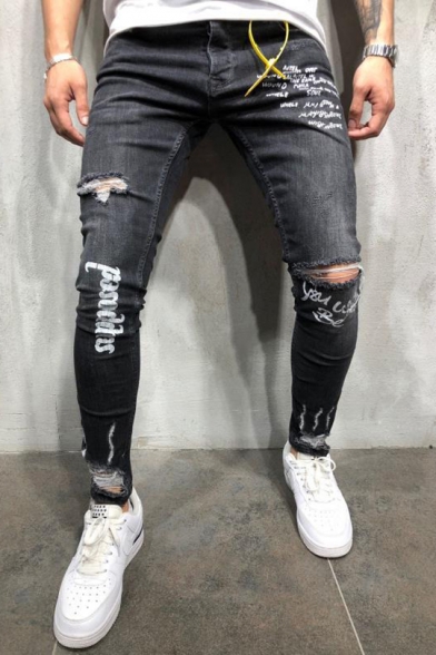 Men's Hip Hop Fashion Letter Printed Ripped Stretch Skinny Fit Black Jeans