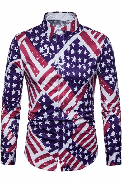 Men's New Stylish American Flag Printed Long Sleeve Slim Fit Button-Up Shirt