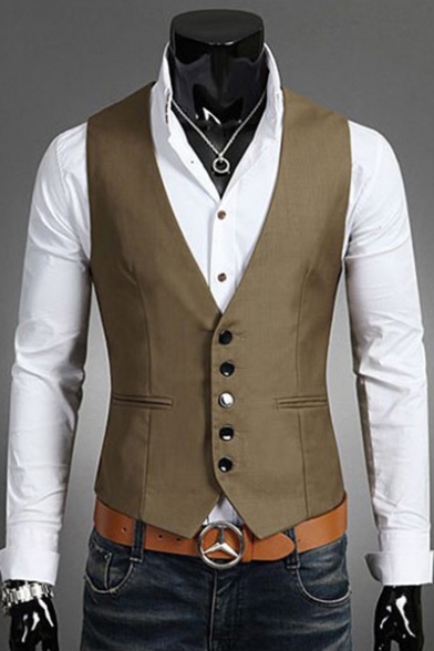 Men's Solid Color Single Breasted Slim Fitted Business Suit Vest