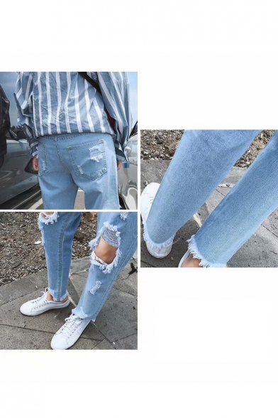 Men's Street Style Knee Cut Raw Hem Casual Light Blue Ripped Jeans with Holes