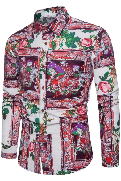 Men's Stylish Ethnic Floral Printed Long Sleeve Fitted Button-Up Linen Shirt