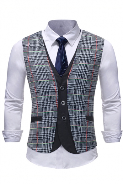 Men's Stylish Plaid Printed Single Breasted Fake Two-Piece Slim Fit Suit Vest