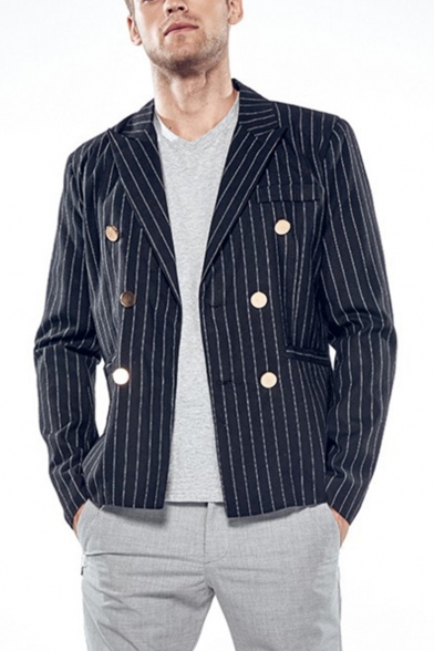 Men's Trendy Pinstripe Printed Long Sleeve Peak Lapel Double Breasted Blazer and Sport Coat