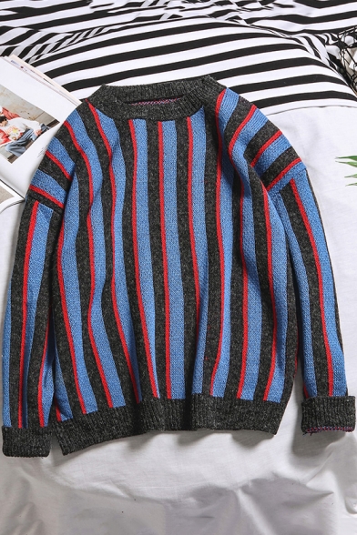 Men's Trendy Vertical Striped Round Neck Long Sleeve Pullover Sweater