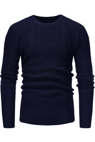 Mens Basic Simple Plain Round Neck Long Sleeve Classic Cable Knit Leisure Fitted Knit Sweater
