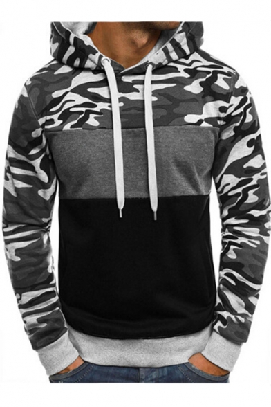 Mens Fashion Camo Colorblock Fitted Long Sleeve Drawstring Hoodie