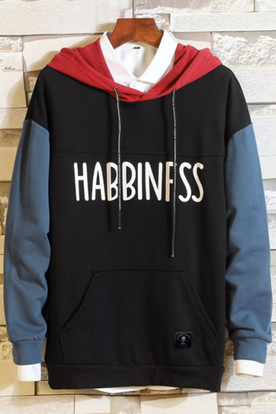 Mens Fashion Letter HABBINFSS Printed Color Block Casual Long Sleeve Pullover Hoodie