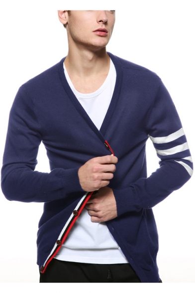 Mens New Fashion V-Neck Button Down Signature Stripe Long Sleeve Fitted Thin Cotton Cardigan