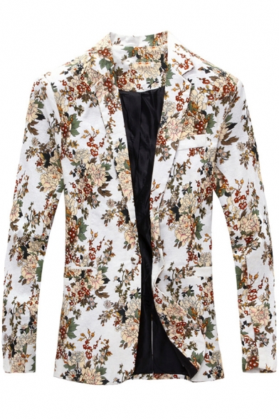 Mens Stylish Floral Print Long Sleeve Single Button Notched Lapel Split Back Skinny Suit Blazer