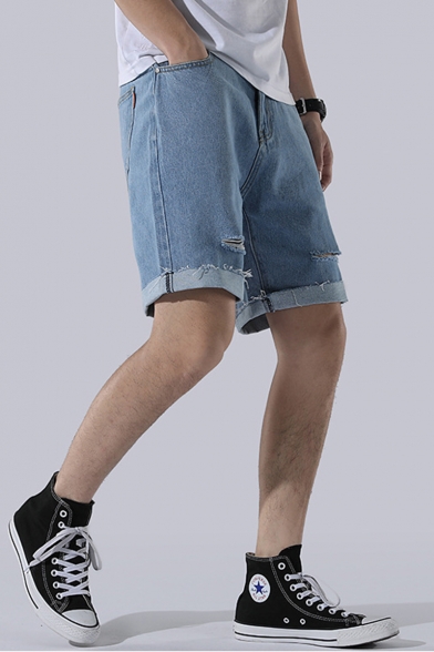 Mens Summer Cool Fashion Cut Ripped Frayed Hem Straight Fit Loose Denim Shorts