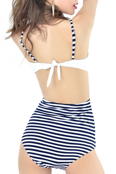 New Fashion Striped Print Spaghetti Straps Tassels Design High Waist Bottom Bikini