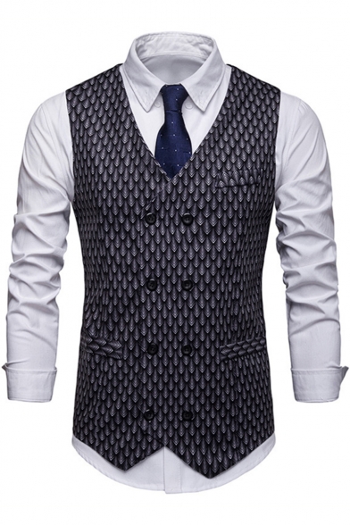 New Stylish Fish Scale Printed Double Breasted Slim Fit Mens Suit Vest