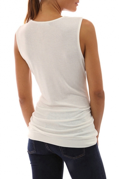 New Stylish Plain Irregular Buttons Side Ruched Sleeveless Women's Cowl Neck Slim Tank Top