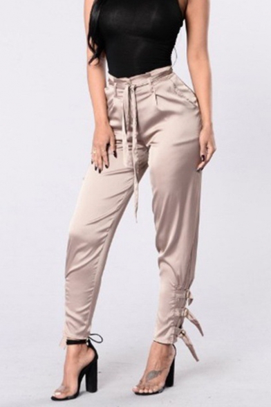 New Stylish Simple Plain Tied Waist Buckle Patched Casual Tapered Pants