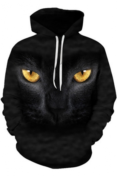 New Trendy 3D Cat Figure Pattern Long Sleeve Relaxed Fit Drawstring Hoodie
