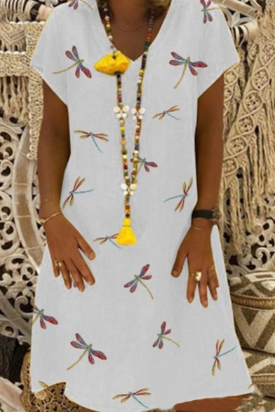 New Trendy Allover Dragonfly Pattern V-Neck Short Sleeve Midi T-Shirt Dress