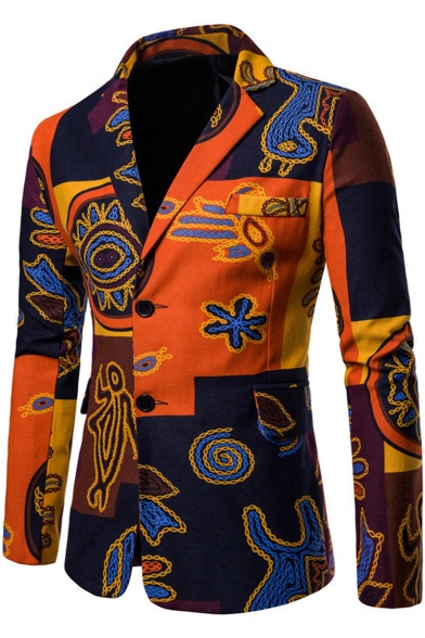 Retro Ethnic Printed Colorblocked Long Sleeve Double Button Notched Lapel Mens Linen Blazer Suit