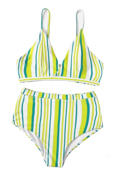 Sexy Colorful Striped Print Spaghetti Straps Sleeveless High Waist Bottom Bikini Swimwear