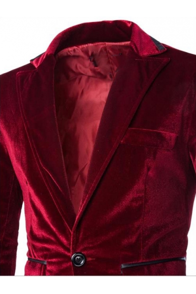 Simple Basic Plain Peaked Lapel Single Button Long Sleeve Velvet Wedding Suit Blazer for Men
