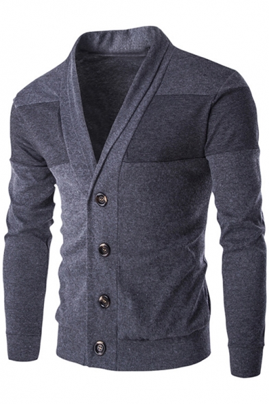 Simple Patchwork Fashion Solid Color V-Neck Button Down Slim Cardigan for Men