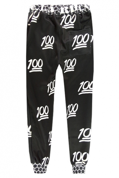 Stylish Allover 100 Emoji Printed Drawstring Waist Unisex Casual Black Sweatpants
