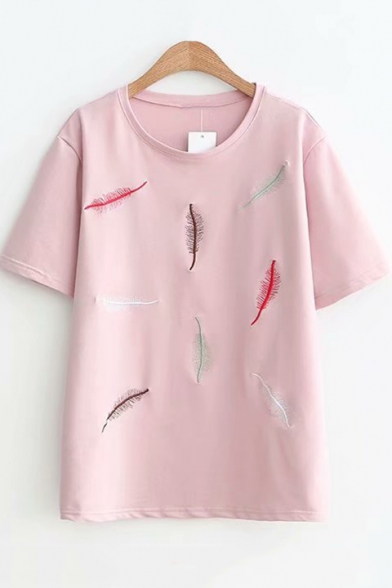 Stylish Feather Embroidered Forked Hem Round Neck Short Sleeve Loose T-Shirt