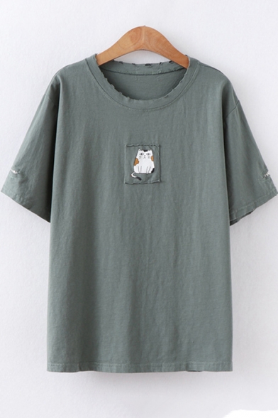 Summer Cute Cat Applique Short Sleeve Cotton Pullover T-Shirt