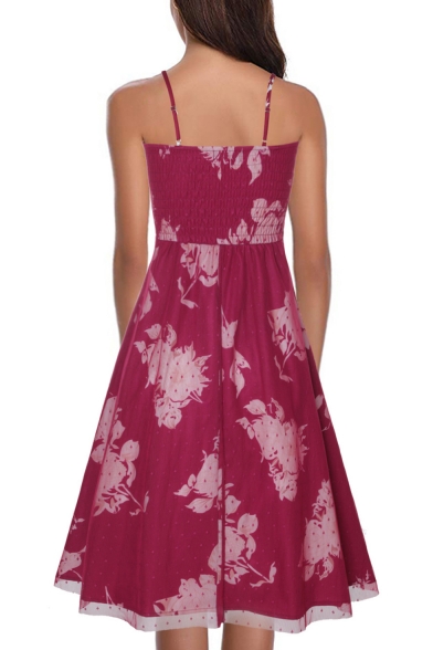 Summer Fashion Transparent Mesh Floral Printed Mini A-Line Slip Dress
