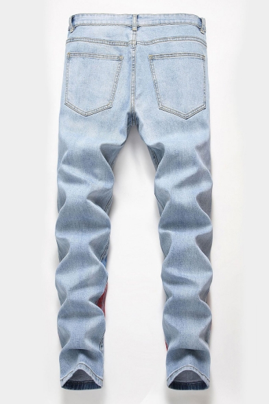 Summer Hip Hop Style Spray Printed Stretch Fit Light Blue Ripped Jeans for Men